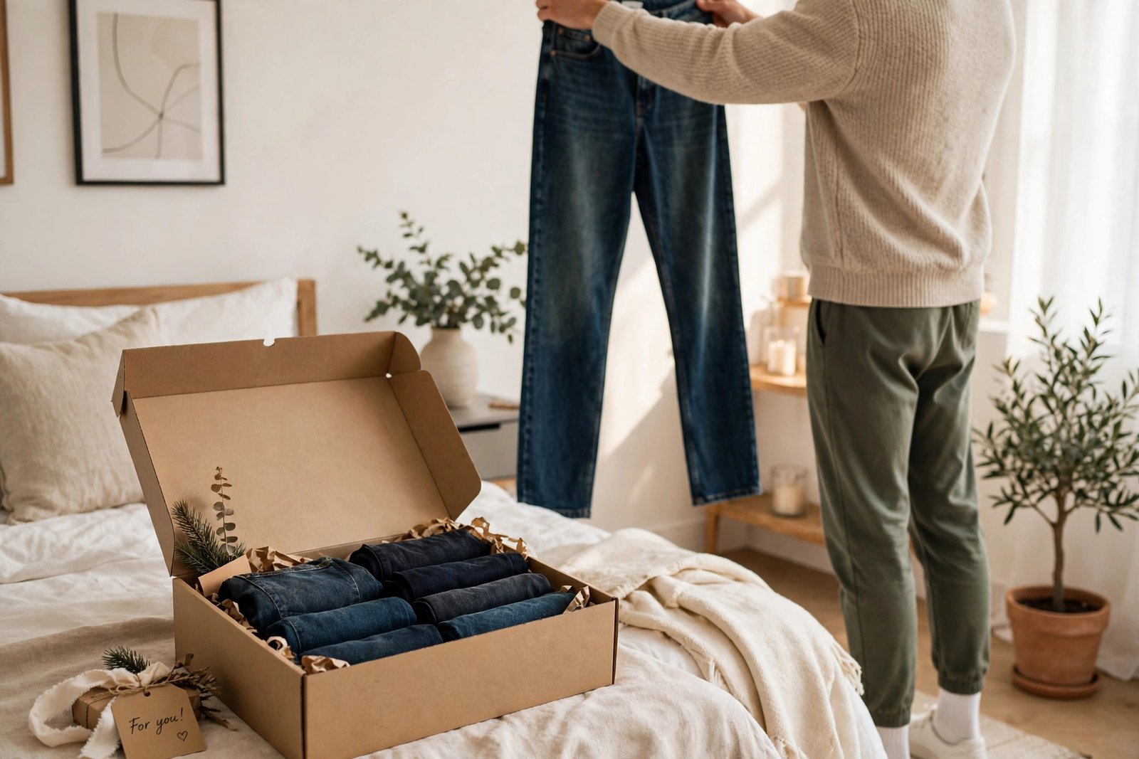 Gift box of folded jeans next to a tall man — the best jeans to gift a big and tall man in 2026