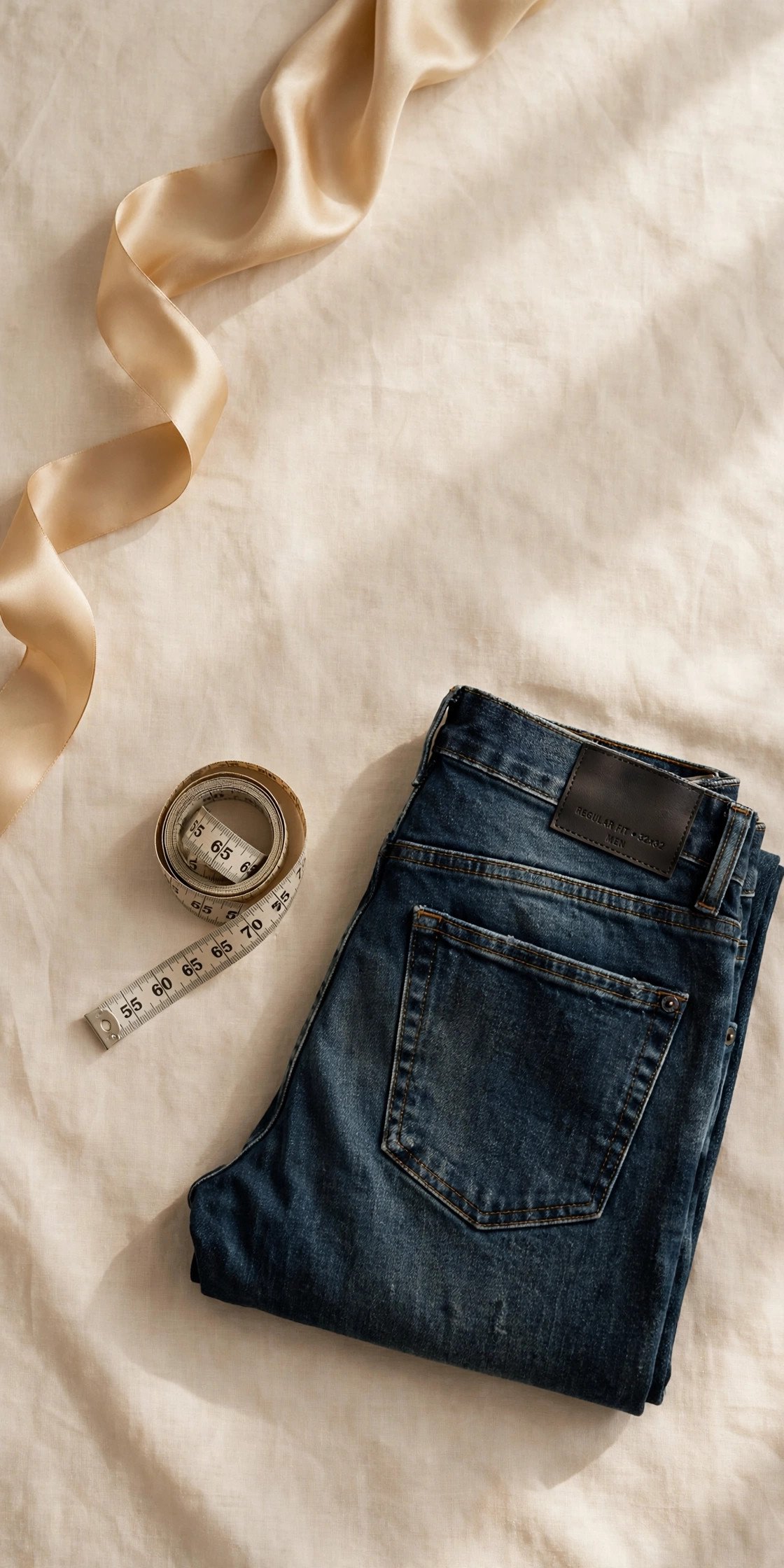 Folded jeans, a size tag close-up, and a tape measure on a gift-themed background