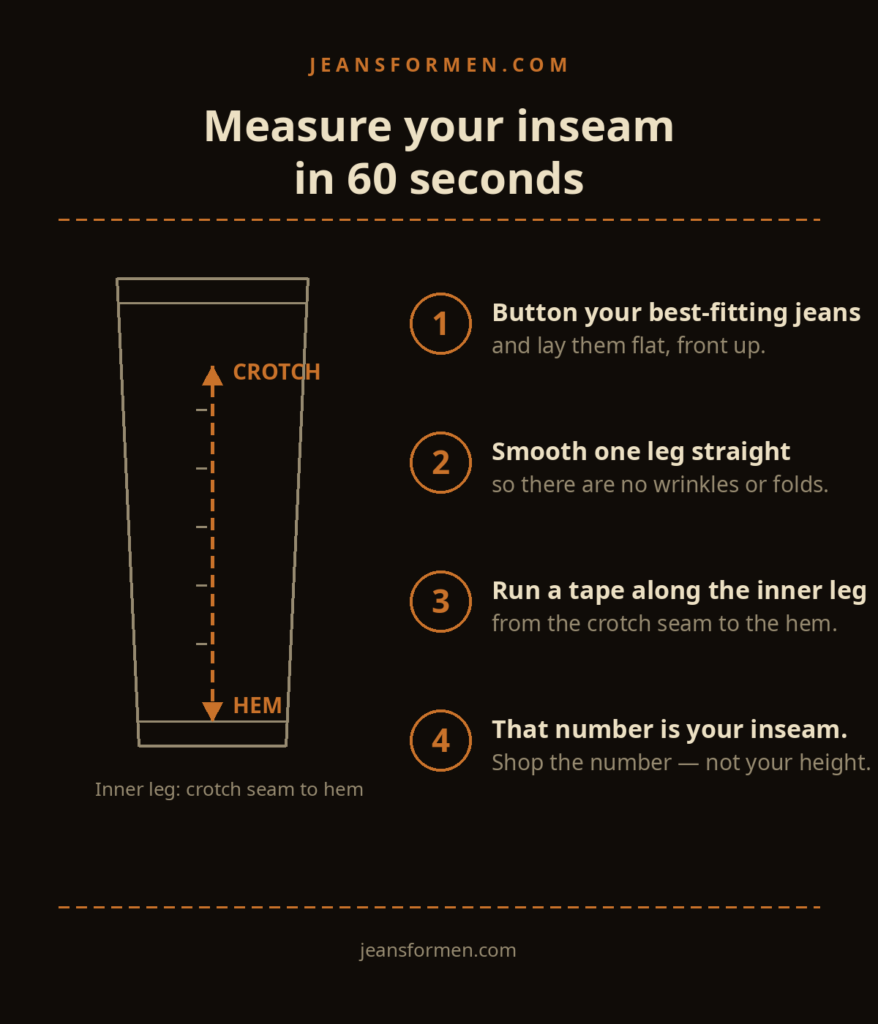 Four-step diagram showing how to measure your jean inseam: lay jeans flat and measure the inner leg from crotch seam to hem