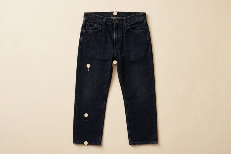 7 visible signs his jeans don't fit, illustrated on a folded pair of men's jeans