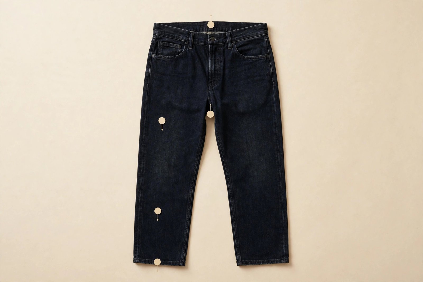 7 visible signs his jeans don't fit, illustrated on a folded pair of men's jeans