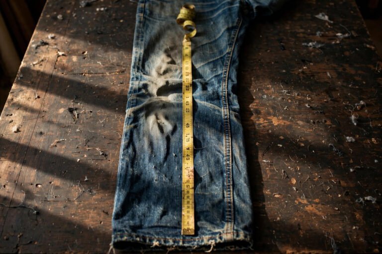 Dark raw-denim jeans laid flat with a tailor's measuring tape along the inseam