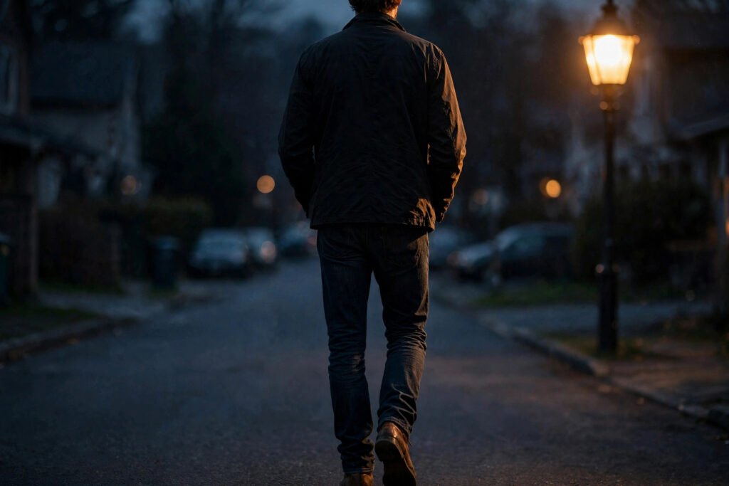 Tall man in dark indigo jeans with a clean full-length break over boots, showing proper tall fit