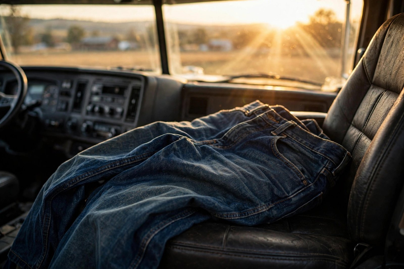 Heavyweight work jeans draped over a truck seat, warm light through the cab