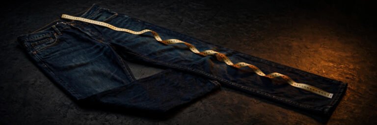 Extended-size men's jeans laid flat with a tailor's tape measure across the waistband and down the inseam