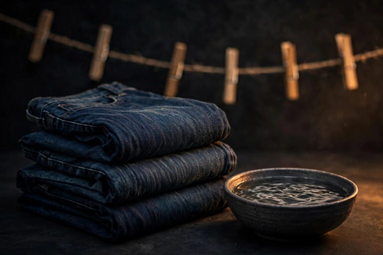 Folded dark jeans beside a basin of water with a clothesline behind
